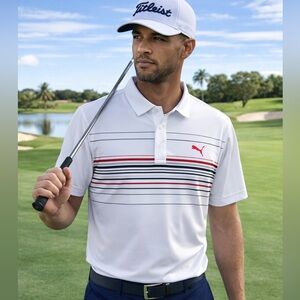 Puma Golf Polo Men’s XL MATTR DryCELL White Red Stripe Performance Shirt EUC